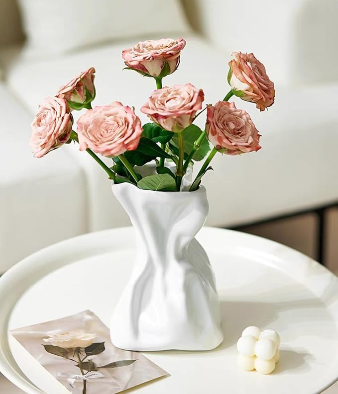 Wrinkled Paper Bag Design Flower Vase - Modern Ceramic Vase for Home Decor, Wedding Centerpiece, Rustic Farmhouse & Tabletop Decoration