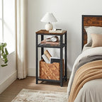 VASAGLE 3-Tier Tall Side Table, Small Telephone End Table Stand with 2 Mesh Storage Shelves for Office, Bedroom, Living Room, Kitchen Cart, Rustic Brown and Black