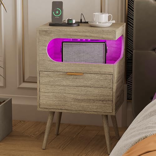 Veegle Nightstand,Modern Bedside Table with Storage Drawer and Open Wood Shelf, Accent Night Stand with Solid Wood Legs for Living Room, Bedroom and Small Spaces,Easy Assembly (Grey Oak) - color: Grey Oak