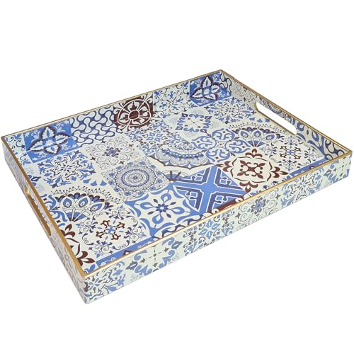 Spsyrine Decorative Serving Tray with Handles, Lacquered Coffee Table Tray for Ottoman, Rectangular Waterproof Platters for Centerpieces, Parties, Living Room, Kitchen Counter Organization SP3040RE1 - color: Sp3040re1, size: 16" x 12" x 1.6"