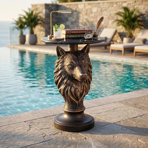 Wolf Head Sculptural Side Table with Faux Marble Top, 17.71" Round Resin Animal End Table, 25.2" H Unique Wolf Statue Decor for Living Room & Office, Gothic Housewarming Gift - color: Wolf Color