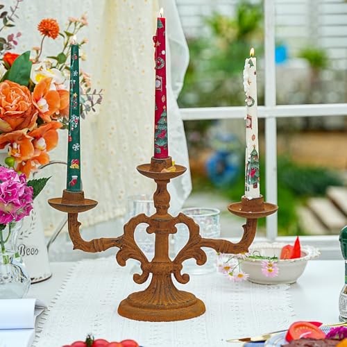 Sungmor Vintage 3-Arm Cast Iron Candelabra, 9.2" Tall Heavy-Duty Rustic Candle Holder for Home Decor, Decorative Candle Stand Centerpiece for Dinners/Weddings/Halloween/Christmas etc Festivals - color: Round Base - 9.2inch Tall