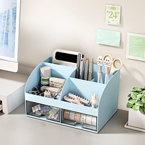 COMFYROOM Desk Organizer with 6 Compartments and 2 Drawers, Plastic Makeup Organizer, Pen Holder for Desktop Storage, Desk Organization for School, Home, Office Supplies (Blue) - color: Blue