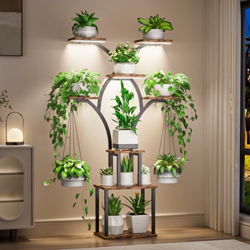 Elbourn Plant Stand Indoor with Grow Lights - 60" Tall Metal Plant Shelf for Multiple Plants, 8 Tiered Corner Plant Stands for Indoor Plants, X - Shaped Decorative Rack for Home, Living Room & Patio Decor (Brown) - color: Brown