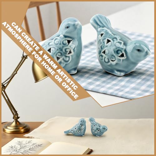 Set of 2 Blue Ceramic Bird Figurines, Glazed Bird Statues with Flower Detail, Farmhouse Modern Home Decor for Shelves, Bookcase, TV Stand, Entryway, Desk