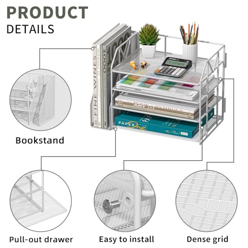 4-Tier Paper File Organizer with Drawer, Metal Desk Organizer, Tiered Paper Tray for Letter/A4 Files, Desktop Office Supplies Storage Rack, White - color: 4-Tier White with Bookend