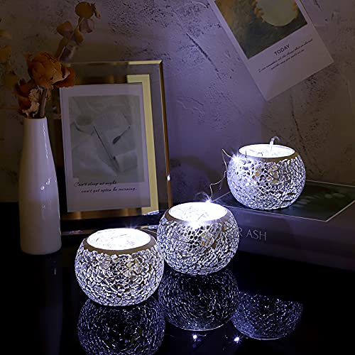 OwnMy 3PCS Mosaic Glass Tea Light Holders Round Bowl Votive Candle Holders Pillar Candle Stands, Silver Glass Mosaic Tealight Holders Potted Plant Bowl Vase Candle Centerpiece for Dining Table Wedding - color: Silver