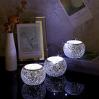 OwnMy 3PCS Mosaic Glass Tea Light Holders Round Bowl Votive Candle Holders Pillar Candle Stands, Silver Glass Mosaic Tealight Holders Potted Plant Bowl Vase Candle Centerpiece for Dining Table Wedding - color: Silver