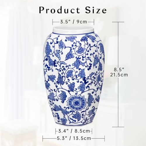 Blue and White Vase 8.5 Inch Traditional Chinoiserie Floral Vase Porcelain Ginger Jar Octagonal Vases Blue and White Porcelain Decor for Home, Living Room, Kitchen, Mantel, Shelf, Table - color: 8.5 Inch Blue & White