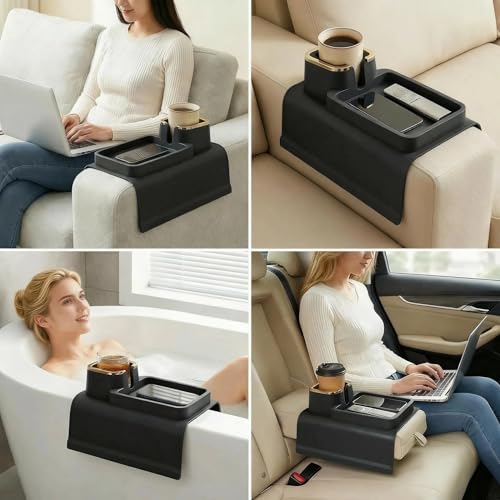 Luxury Gold Trim Couch Cup Holder Tray - Weighted Silicone Anti-Spill Sofa Armrest Organizer, Non-Slip Recliner Tray Table for Drinks, Remote, Phone - Fits Most Couch Arms, Home Gift,Black - color: Black