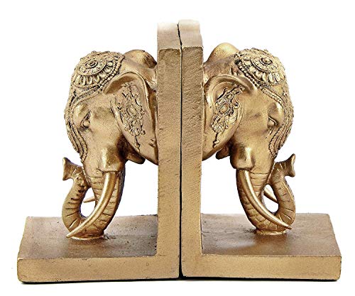 Bellaa 21817 Thai Elephant Bookends Pair - Antique Gold Polyresin 7 Inch Tall Decorative Bookshelf Decor