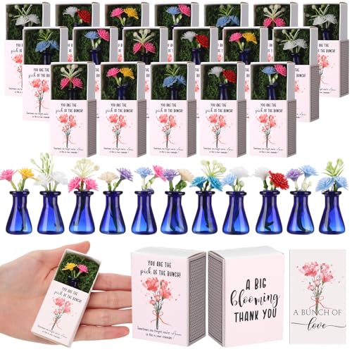 24 Sets Mother's Day Bulk Gifts for Women Teacher Nurse Appreciation Positive Mini Bud Vases with Flower Office Desk Decor Mini Box Breathing Thank You Gifts for Graduation Coworker Staff (Blue) - color: Blue