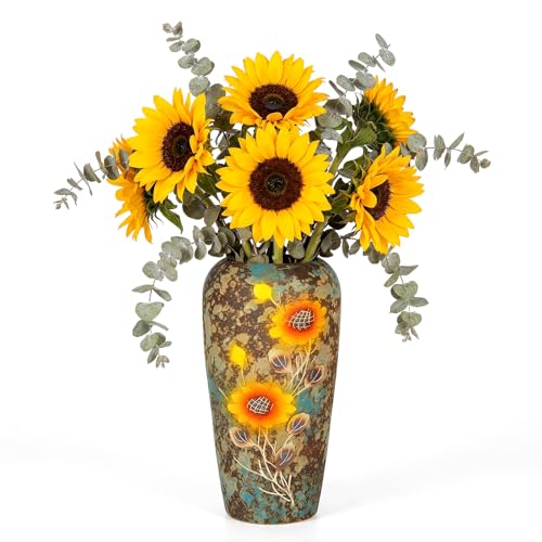 13.2 Inch Ceramic Flower Vase with Drainage Hole, Hand-Painted Sunflower Decorative Vase for Indoor & Outdoor Use, Available in Blue & Rust Color, Includes Rubber Stopper & Mesh Pad - color: Brown-sunflower