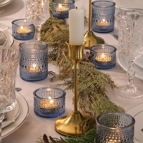 NITIME Blue Glass Votive Candle Holders Set of 24, Assorted Heights Polka Dot Tealight Candle Holders for Table Centerpiece, Blue Candle Holder Decor for Wedding, Baby Shower Party & Spa - color: Blue