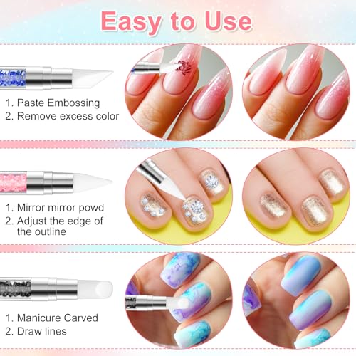 3 Pcs Nail Art Sculpture Pen, Dual Tipped Silicone Nail Tools, Silicone Head Acrylic Handle Nail Art Brushes for Design Nail Foil Carving Drawing Effect Shaping Drawing (Black, Pink, Royal Blue) - color: Black, Pink, Royal Blue