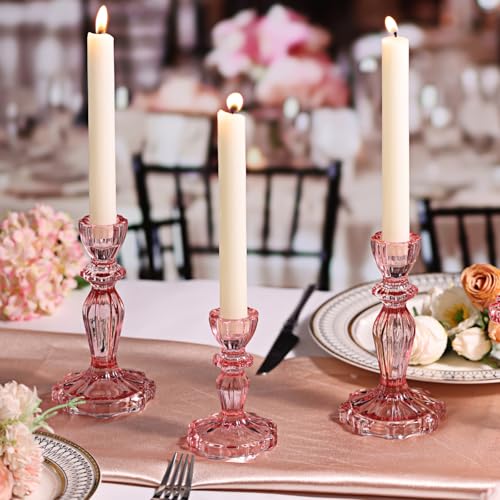 Pink Candlestick Holders Set of 6, Taper Candle Holders, 4.3" H & 6.3" H Glass Candle Holder for Candlesticks & Pillar Candles, Candle Holder for Table Centerpieces, Wedding and Mother's Day - color: Pink