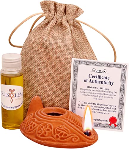 Biblical Herodian Clay Oil Lamp with Bethlehem Olive Oil - Authentic Holy Land Replica with Gift Bag & Certificate of Authenticity - Handmade Christian & Judaica Faith Gift - color: Herodian - Biblical Brown Styled