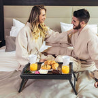 2 Pack Bed Tray Table Breakfast Trays Serving Tray Bamboo Bed Laptap Floding Legs with Handles and Phone Holders - style: 2 pack(Dark brown with black legs)