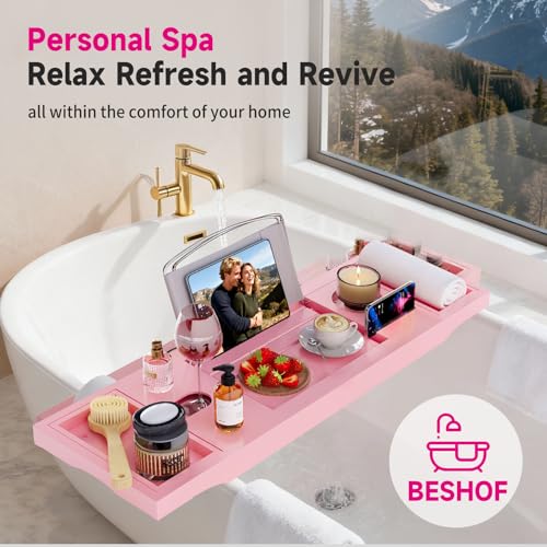 Foldable Bathtub Caddy Tray, Bamboo Bath Tub Tray Table for Tub with Wine Glass Holder Book Phone Tablet Holder with Extending Sides, Adjustable Bathroom Bathtub Free Soap Holder Gift Idea (Pink) - color: Pink