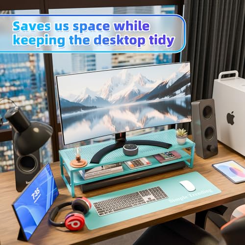 Simple Trending 2 Tier Metal Dual Monitor Stand Riser, Computer Office Desktop Organizer for 2 Monitors with 32"x10" Mouse Pad for Laptop, Printer, TV, Blue - color: Blue, size: 32"L x 10"W x 7"H