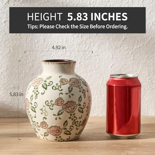 SIDUCAL Ceramic Vintage Vase, 5.83 Inch Retro Ice Cracked Chinoiserie Floral Vase, Rustic Farmhouse Vases for Home Decor, Bookshelf, Garden, Chinoiserie Decor, Tuscan Decor, Red Rose Pattern - color: 18443-red Rose