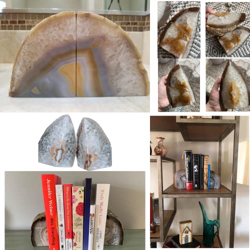 JIC Gem Natural Geode Bookends Decorative Agate Book Ends Stone Book Ends Holders for Shelves with Rubber Bumpers (1 Pair, 3-4 LBS) - color: Natural, size: 3-4LBS.