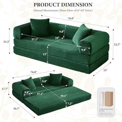 Boneless Couch Versatile Couches for Living Room No-Install Sofa Bed Corduroy Futon Soft Cloud Couch with Pillows for Bedroom Game Movie (Green, 76") - color: Green