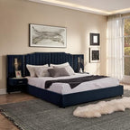 Luxury King Size Bed Frame with LED Lights and Nightstands, Oversized Velvet Upholstered Platform Bed Frame with Extra Wide Headboard, Button Tufted Design, No Box Spring Needed, Dark Blue | Breathable material - color: Dark Blue-velvet, size: King