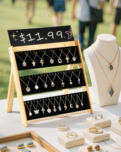 BS-VOG Necklace Display for Vendors, Foldable Jewelry Display Stand for Selling 66 Necklaces, 3-Tier Wood Jewelry Holder Storage Organizer with Black Velvet for Craft Shows & Boutiques