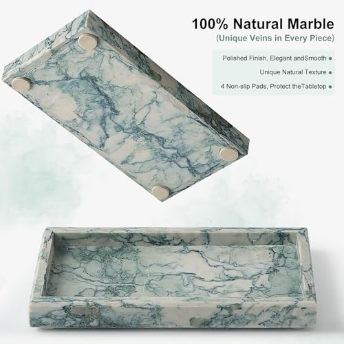 Natural Small Marble Vanity Tray, Luxury Stone Organizer for Bathroom & Kitchen | Holds Soap Dispenser, Jewelry, Perfume | Non-Resin, Non-Ceramic Décor - color: Cyan-green, size: 7.9" x 4.3" x 0.8"