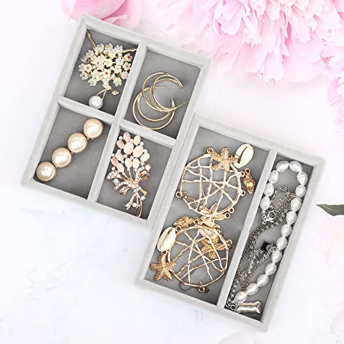DesignSter Small Jewelry Tray, 2PCS Ring Organizer, Velvet Jewelry Display Tray, Stackable Jewelry Organizer Trays, Jewelry Drawer Organizer Inserts For Dresser, Jewelry Box (Gray) - color: Gray, size: 4 Grids