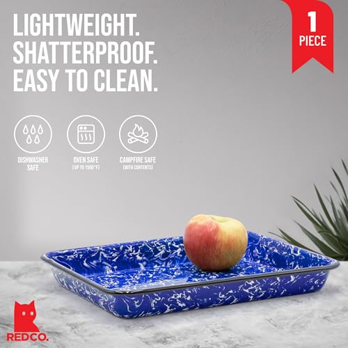 Red Co. 11" x 9" Enamelware Metal Classic 2 Quart Rectangular Serving Tray, Navy Blue Marble/Black Rim - Splatter Design - color: Navy Blue