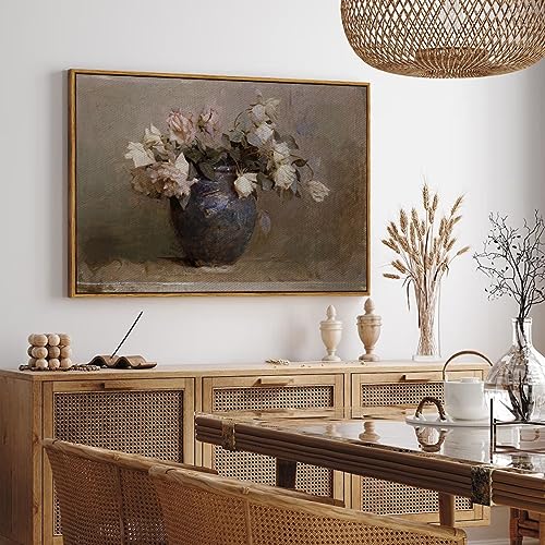 InSimSea Framed Canvas Wall Art Vintage Decor, Retro Floral Rustic Decorations for Living Room, Farmhouse Wall Decor for Living Room Bedroom, 24"x36" - color: Roses in Vase, size: 36"L x 24"W