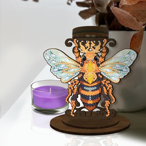 BAYUNOE DIY Candlestick Holders Wooden Desktop Diamond Art Painting Candle Holder Double-Sided Diamond Vintage Modern Decorative for Table Mantel Wedding Dinning Party-Bee - color: Bee
