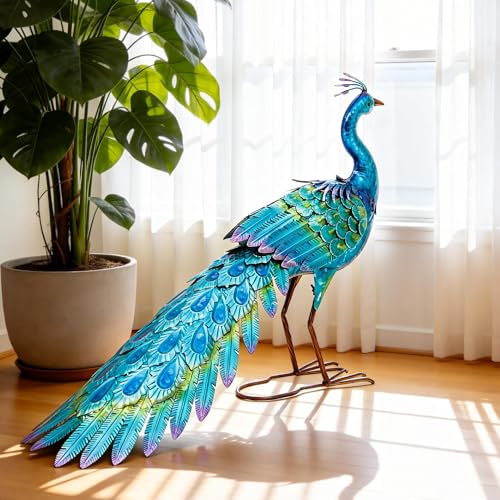 31" L Metal Peacock Garden Statue, Handcrafted Walking Peacock Large Outdoor Yard Art Decor with Iridescent Blue & Green Finish & Ground Stakes, Lifelike Sculpture for Garden Lawn Flowerbed - color: 31"l Iridescent Blue Peacock