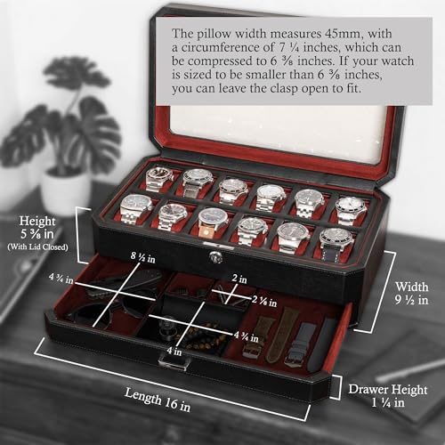 ROTHWELL 12 Slot Leather Watch Box with Valet Drawer - 12 Slot Luxury Watch Case Display Organizer, Microsuede Liner, Mens Accessories Holder, Jewelry Case, Jewelry Display Organizer (Black/Red) - color: Black/Red