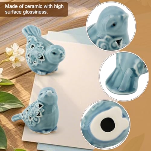 Set of 2 Blue Ceramic Bird Figurines, Glazed Bird Statues with Flower Detail, Farmhouse Modern Home Decor for Shelves, Bookcase, TV Stand, Entryway, Desk