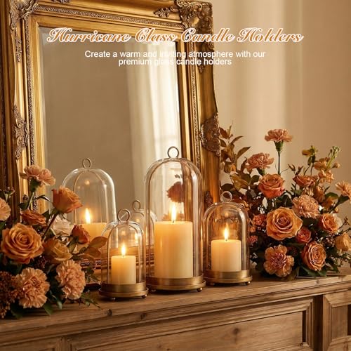 15"&9"&7" Hurricane Glass Candle Holders Set of 3, Metal Candle Holder with Handmade Glass Dome in Brass, Hanging Versatile Hurricane Glass Candle Holders for Pillar Candles (Candles Not Including)