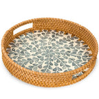 KOLWOVEN Round Rattan Tray with Handle, Rattan Serving Tray with Mother of Pearl Inlay Wooden Base (White- Black Leaves) - color: White- Black Leaves