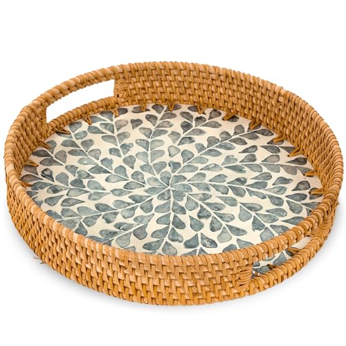 KOLWOVEN Round Rattan Tray with Handle, Rattan Serving Tray with Mother of Pearl Inlay Wooden Base (White- Black Leaves) - color: White- Black Leaves