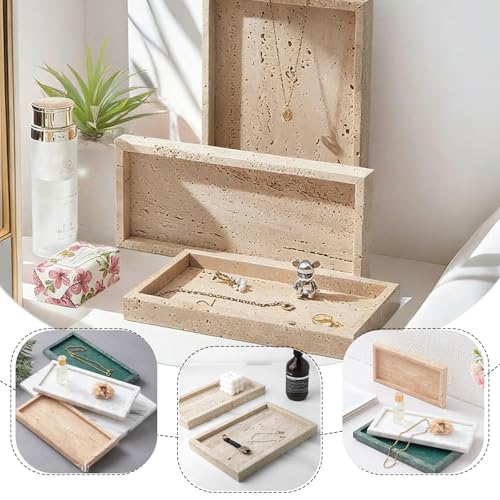 Natural Marble Tray, Stone Tray for Bedroom/Bathroom/Kitchen/Vanity Countertop, Jewelry Tray for Rings Earrings Necklace Bracelet Watch, Room Decor Aesthetic - color: Beige Travertine, size: 11.8" x 5.1" x 1.2"