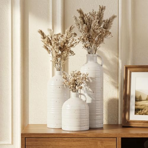 Firehold Ceramic Vase Set of 3, Rustic Home Decor Vases for Modern Farmhouse, White Boho Flower Vases for Shelf, Mantel, Table Decor, Small Decorative Vase for Dried Flowers & Pampas Grass - color: 01-white