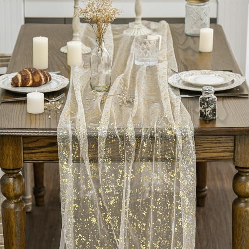 Artoid Mode 3Pcs Beige Gold Gauze Table Runner 120 Inch 10FT, Glitter Metallic Foil Sheer Dining Wedding Anniversary Holiday Birthday Table Decor for Home Party - color: Beige Gold, size: 28" x 120", 3pc