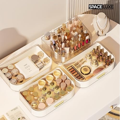 Makeup Organizer with Drawers and 360° Rotating Brush Holder, Large Capacity Cosmetic Storage for Vanity, Skincare, Perfume, Hair Accessories, Lipstick & Jewelry (Cream White, 3-layer) - color: Cream White, size: 3-layer