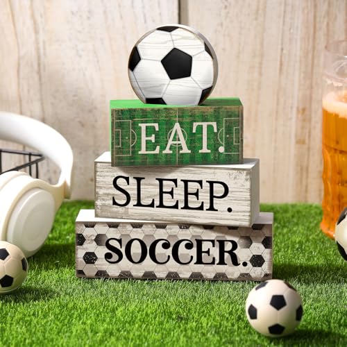 Yuntau 4 Pcs Soccer Wooden Tabletop Decor Soccer Tiered Tray Decor Rustic Wood Block Sign Gift Centerpiece Farmhouse Table Sign for Home Boys Room Office Shelf Birthday Party - style: Soccer