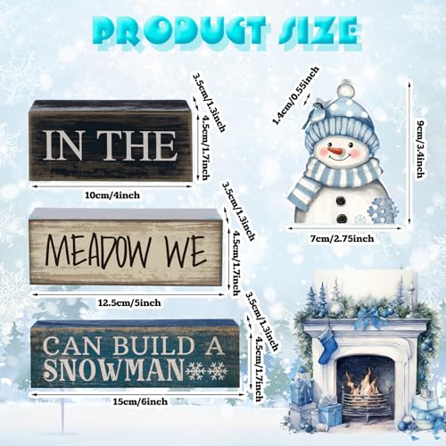 Yuntau 4 Pcs Winter Table Decoration Blue Snowman Decor Winter Tiered Tray Decor Christmas Centerpiece Decorative Wooden Snowman Block Sign Decoration for Home Kitchen - style: Snowman