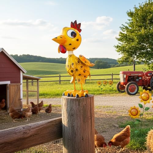Metal Rooster Garden Statue Outdoor Chicken Decor Yard Art Decoration,Garden Sculptures for Backyard Patio Lawn Ornaments - color: Yellow Rooster