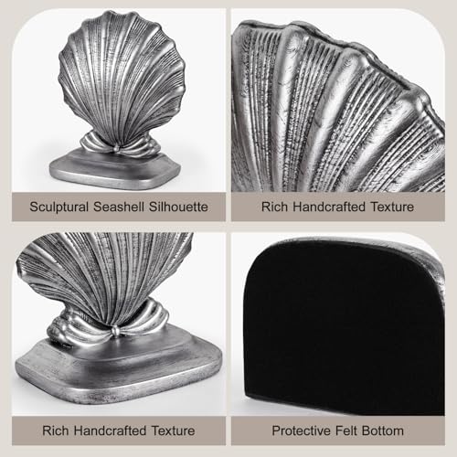 Decorative Shell Bookends, Coastal Nautical Book Ends for Shelves Desk, Resin Seashell Book Ends for Home Office Living Room Beach Decor (Silver)