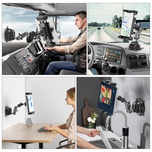 Tablet Mount for Truck, Car Tablet Holder Heavy Duty Super Suction Cup/Adhesive Base iPad Stand for Dash Windshield Wall Vehicle Desk, 360° Metal Bracket for 4.7-12.9" iPad Pro/Air/Mini/Galaxy