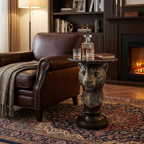 Bronze Leopard Side Table - End Table with Faux Marble Top Unique Leopard Statue Decor for Living Room Bedroom Entryway Elegant Animal Sculpture Gothic Home Decor - color: Majestic Leopard Base